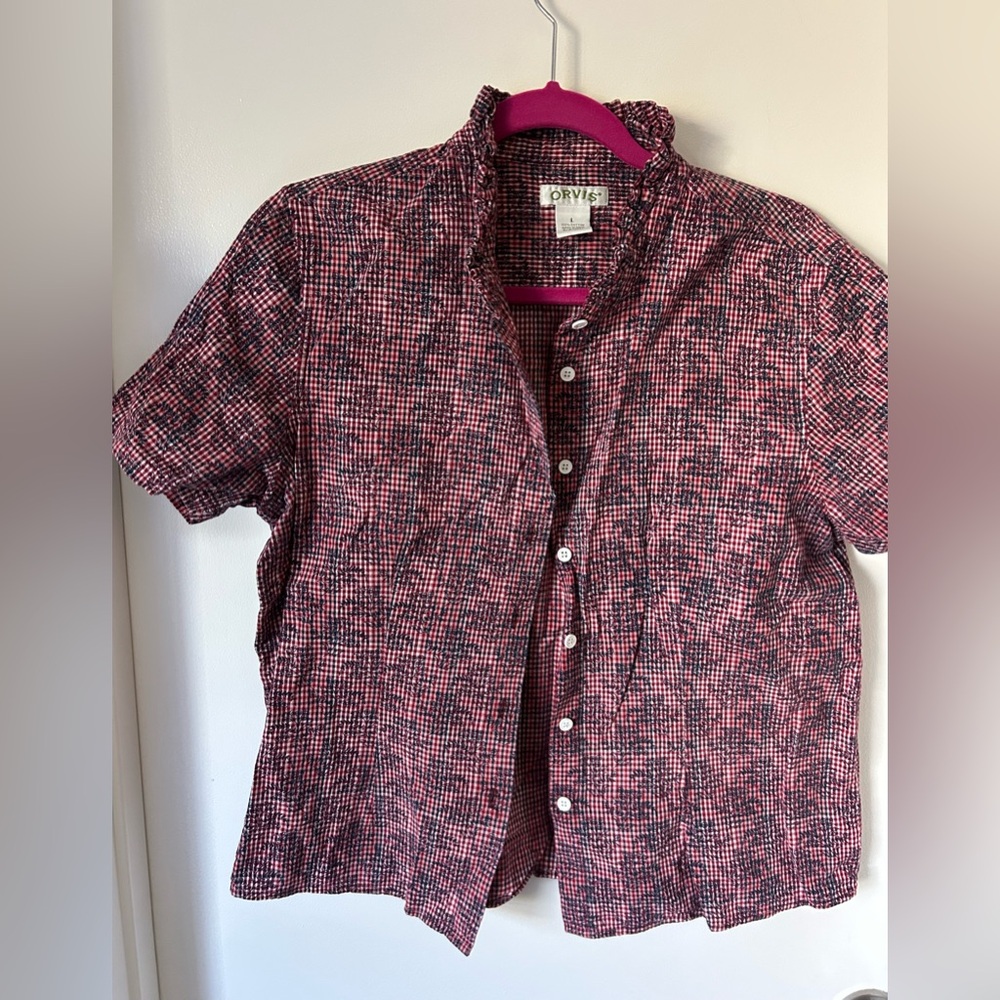 Orvis Short Sleeve Button-Down cotton Shirt in Pink and Navy Microcheck